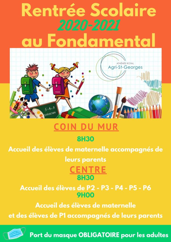 Rentrée scolaire 2020-2021 au Fondamental - Agri-Saint-Georges - port du masque obligatoire pour les parents.