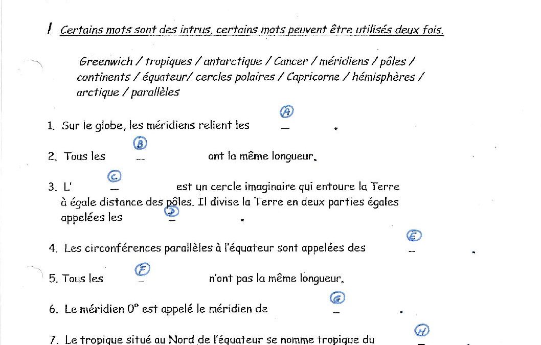 1CA – CB – géographie Repères sur le globe exercices