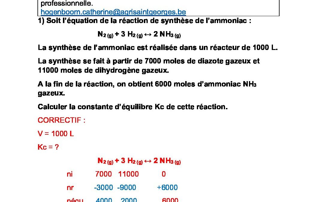 5EP Chimie Equilibres chimiques Exercices supplémentaires CORRECTIF HOGENBOOM